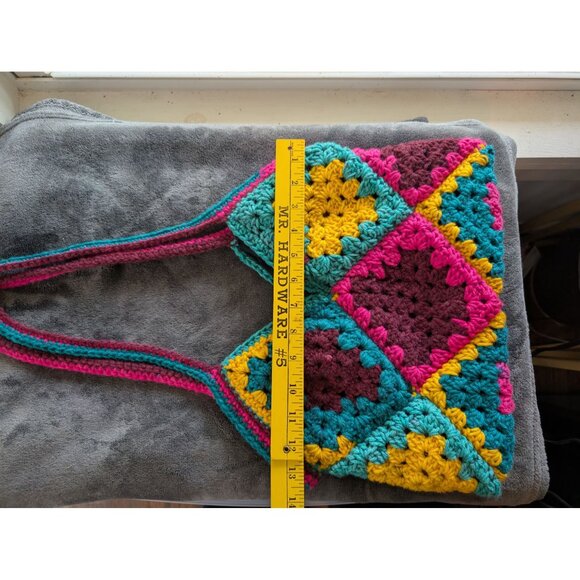 Handmade Multicolor Crochet Granny Square Lined Tote Bag With Patchwork Design - Picture 6 of 9